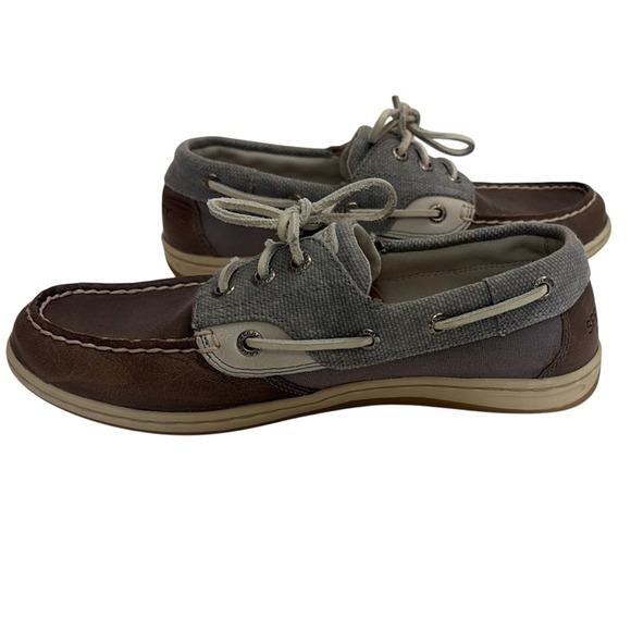 Sperry Top-Sider Boat Shoes Brown Leather Gray Canvas Preppy Coastal Womens 7 - Picture 6 of 10